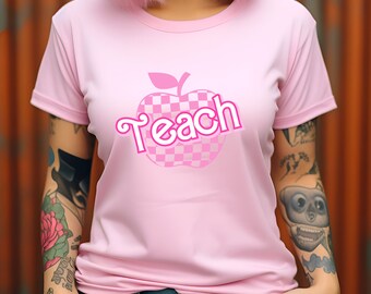 Camisas de maestro a cuadros rosas, camiseta de maestro de moda, regreso a la escuela retro, agradecimiento al maestro, camiseta de maestro a cuadros de Apple, T738