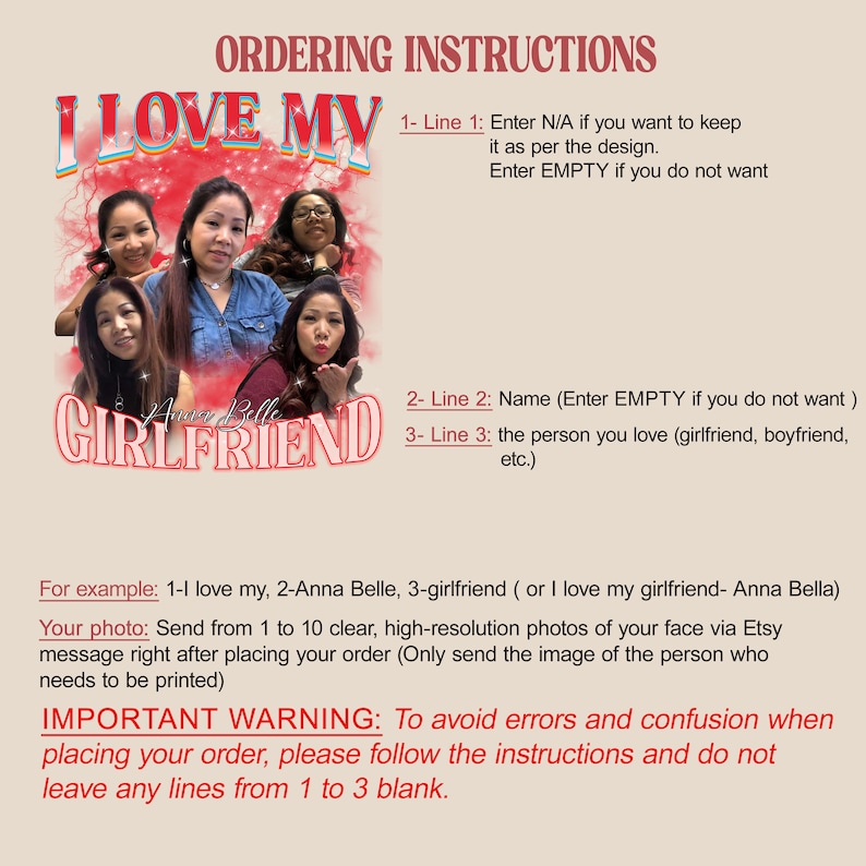 May include: A pink and red graphic with the text "I LOVE MY GIRLFRIEND" and instructions for customizing a personalized photo gift. The instructions include entering a name, a relationship, and uploading photos.