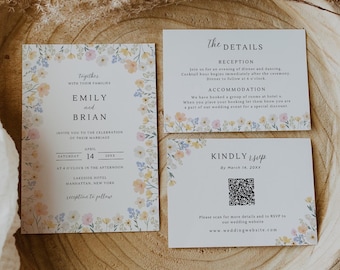May include: A wedding invitation suite featuring a main card, a details card, and an RSVP card with a QR code. Each white card is decorated with a delicate floral border in shades of yellow, pink, and blue. The text includes names Emily and Brian.