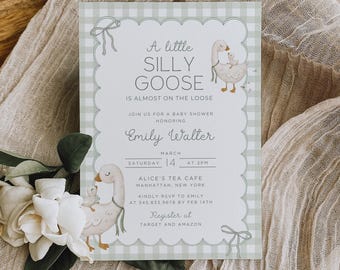 Silly Goose Baby Shower Invitation Template, Mother Goose Gingham Invite, Baby Goose Shower Invite, Green Baby Shower Canva, EMILY