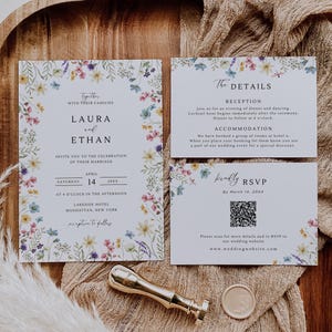 Suite de Invitaciones de Boda con Flores Silvestres, Set de Invitaciones de Boda Floral Editable, Borde de Flores Silvestres de Primavera