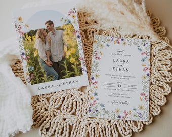 Wildflower Wedding Invitation Template,  Rustic Floral Wedding Invite with photo, Wildflower Frame Floral Wedding, Editable Canva, LAURA