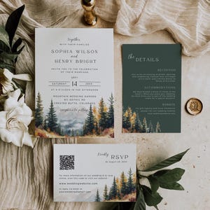 Könnte beinhalten: Hochzeitseinladungs-Set mit einem Aquarelldesign eines Waldes. Die Einladung enthält die Namen Sophia Wilson und Henry Bright, das Datum, die Uhrzeit und den Ort. RSVP- und Detailkarten sind ebenfalls enthalten.