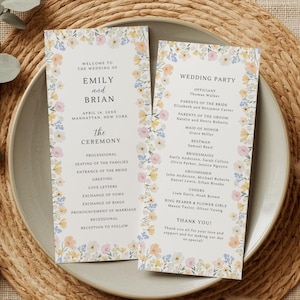 Modèle de programme de mariage floral pastel, carte modifiable de cérémonie de fleurs sauvages estivales, commande de programme de mariage modifiable, mariage dans le jardin, EMILY