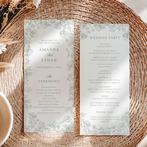 Peut inclure: Deux programmes de cérémonie de mariage avec des bordures florales. Les programmes incluent les noms "Amanda et Ethan" et la date "14 septembre 20XX". Le programme de droite liste le cortège nuptial. Les programmes sont sur une surface tissée.