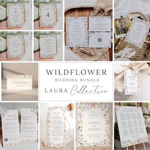 Pode incluir: Uma coleção de artigos de papelaria para casamento com tema de flores silvestres. Inclui números de mesa, convites, um menu, uma placa de boas-vindas e cartões de agradecimento. Os desenhos têm uma borda floral com o texto "Wildflower Wedding Bundle Laura Collection".