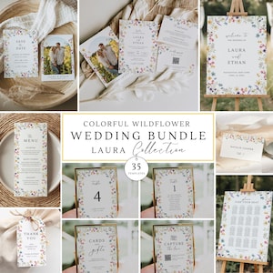 Puede incluir: Un conjunto de papelería de boda con un diseño de borde de flores silvestres coloridas. El set incluye save the date, invitación, menú, letrero de bienvenida, números de mesa, tarjeta de lugar, etiqueta de agradecimiento y plano de mesa.
