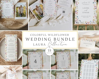 May include: A wedding stationery bundle featuring a colorful wildflower border design. The set includes a save the date, invitation, menu, welcome sign, table numbers, place card, thank you tag, and seating chart with text Laura and Ethan.