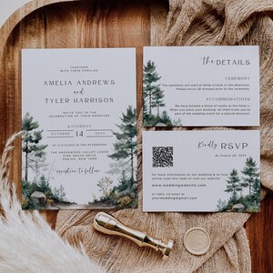 May include: Wedding stationery set with a forest design. The invitation features the names Amelia Andrews and Tyler Harrison, date, time, and venue. Additional cards provide details and RSVP information. A gold wax stamp and a sealing tool are also included.