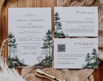Forest Wedding Invitation Suite Template, Rustic Wedding Suite, Pine Tree Invitation, Nature Wedding, (Digital Download), AMELIA