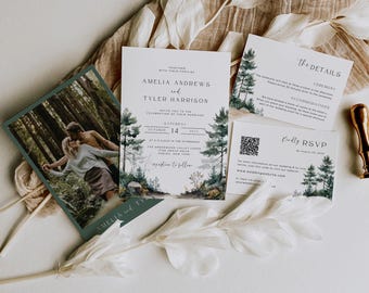 Forest Wedding Invitation Set Template, Pine Tree Elopement Invite, Woodland Wedding Stationary, Watercolor Rustic Pine, Canva, AMELIA