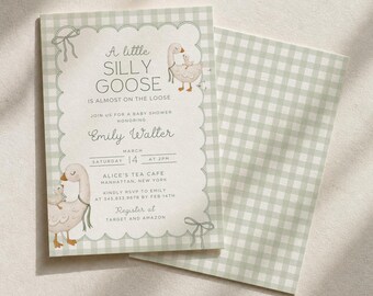 Silly Goose Baby Shower Invitation Template, Mother Goose Gingham Invite, Baby Goose Shower Invite, Green Baby Shower Canva, EMILY
