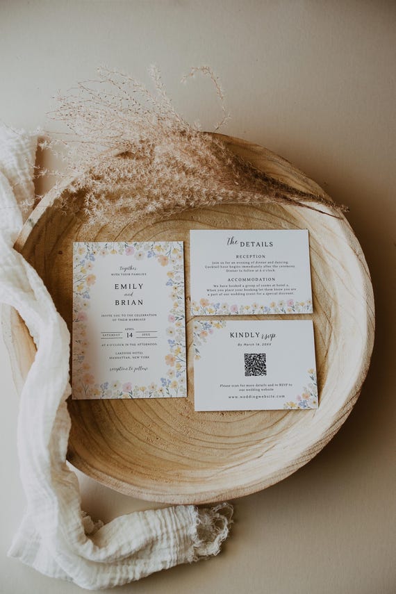 Floral Wedding Invitation Set, Garden Wedding Invite, Elegant Spring or Summer, Pastel Wildflower, Botanical, Editable Template, EMILY