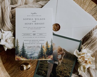 Forest Wedding Invitation Template, Pine Tree Wedding Invite, Forest Mountain Invitation, Outdoor Wedding, Canva Template, SOPHIA
