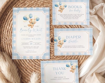 Teddy Bear Baby Shower Invitation Set, Blue Plaid Boy Invite (Digital Download)