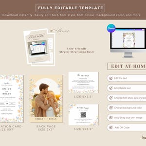 May include: A digital wedding invitation template with floral accents. The design includes an invitation card, back page with a photo, and details card. The template is fully editable, allowing customization of text, font, and background color.