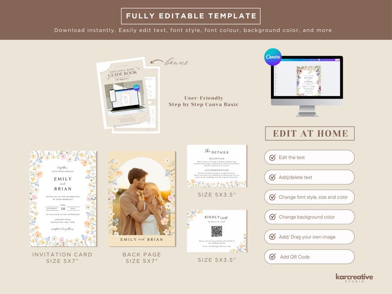 May include: A digital wedding invitation template with floral accents. The design includes an invitation card, back page with a photo, and details card. The template is fully editable, allowing customization of text, font, and background color.