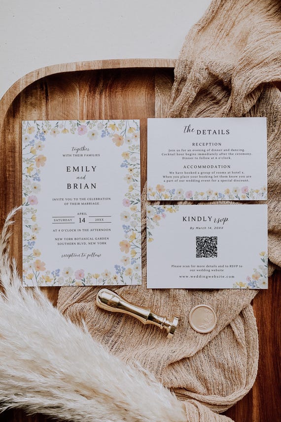Pastel Wildflower Wedding Invitation Suite, Floral Wedding Invite, Pastel Flower Wedding, Boho Wedding Invite, Editable Template, EMILY