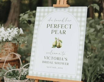 Panneau de bienvenue bridal shower poire parfaite, affiche éditable thème poire, brunch nuptial vert, design Victoria élégant
