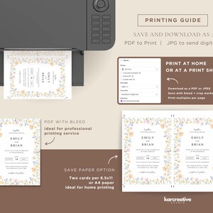 May include: A printer is shown with wedding invitation designs. The invitations feature floral borders and the names "Emily" and "Brian." Instructions are provided for printing at home or professionally, with options for PDF or JPG formats.
