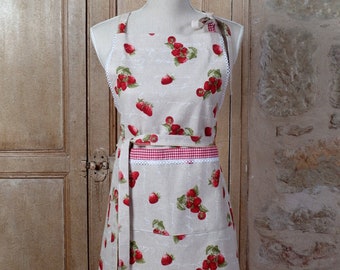 Women’s Apron with Pocket. Cotton/polyester blend. Strawberries on linen look with gingham and lace details
