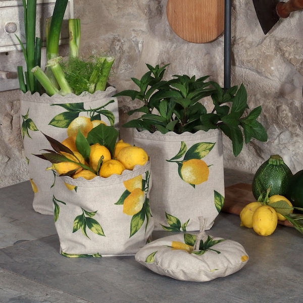 Fabric basket with lemons coated on the inside, for bread, toast, vegetables, fruit, storage, toiletries, herb & flower pots