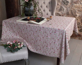 Tablecloth with small climbing roses in a linen-look cotton polyester blend fabric, hand-crafted with a ribbon border or simple hem