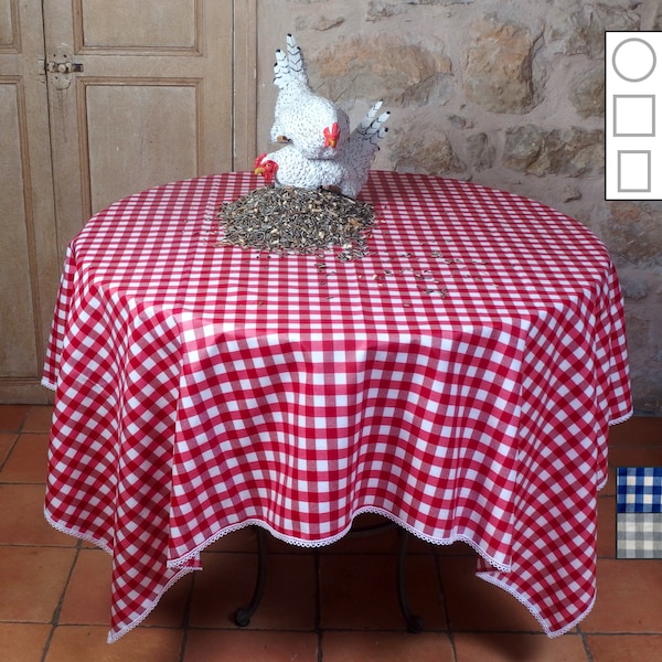 Coated tablecloth in a gingham weave cotton polyester blend fabric that is easy to wipe clean, hand-crafted with a lace border
