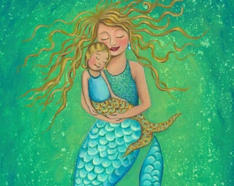 Mermaid Mama and baby downloadable digital print, mermaid print, mermaid and baby art print for baby nursery or kid's room, mermaid print