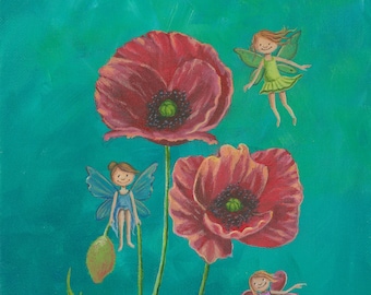 Poppy flower fairies downloadable digital print, fairy wall art for kid's room, fairy art print for baby nursery, poppy flower wall art