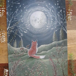 Fox under the Moon art print, Woodland print, Woodland animals, Baby nursery art print, Child's room wall art, forest print, fox art print image 3