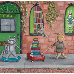 Library Time, Library print for kids room, book wall art for baby nursery, whimsical animal print for kids room, book worm art print