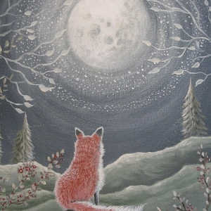 Fox under the Moon art print, Woodland print, Woodland animals, Baby nursery art print, Child's room wall art, forest print, fox art print image 2