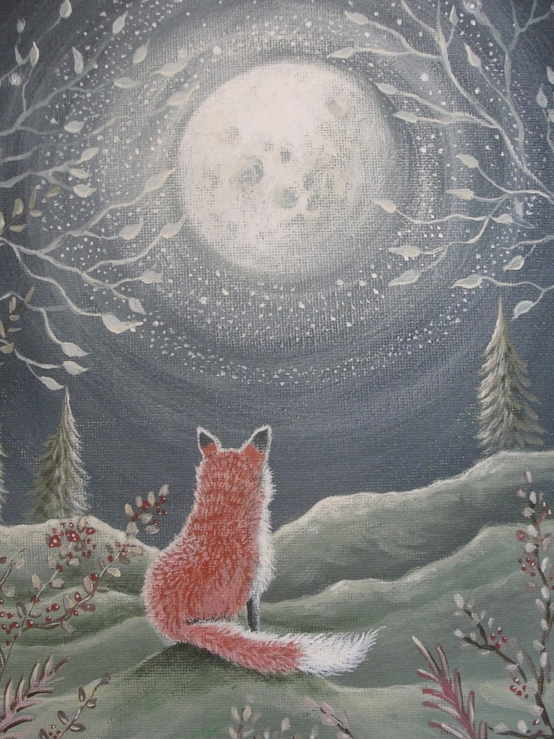 Fox under the Moon art print, Woodland print, Woodland animals, Baby nursery art print, Child's room wall art, forest print, fox art print image 2