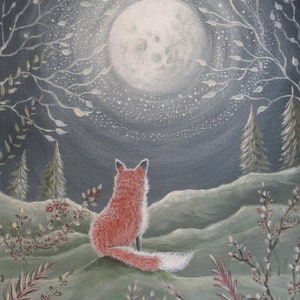Fox under the Moon art print, Woodland print, Woodland animals, Baby nursery art print, Child's room wall art, forest print, fox art print