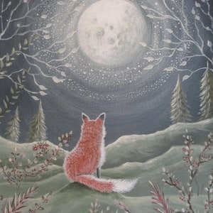 Fox under the Moon art print, Woodland print, Woodland animals, Baby nursery art print, Child's room wall art, forest print, fox art print image 1