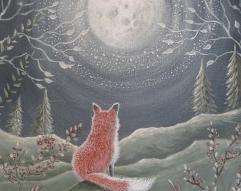 Fox under the Moon art print, Woodland print, Woodland animals, Baby nursery art print, Child's room wall art, forest print, fox art print