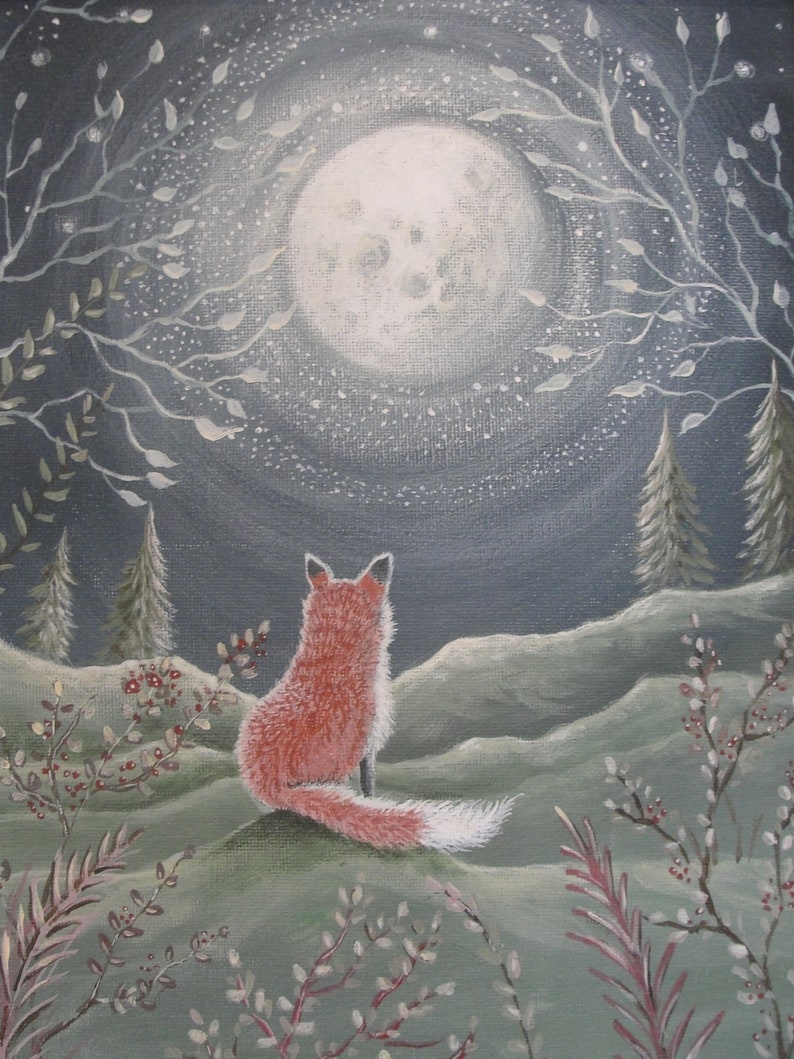 Fox under the Moon art print, Woodland print, Woodland animals, Baby nursery art print, Child's room wall art, forest print, fox art print image 1