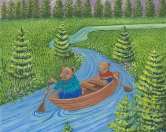 Paddling Pals downloadable digital art print, bear print, canoe print for kid's room, outdoorsy print for baby nursery, forest print