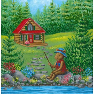 Fishing Bear downloadable digital print, Bear painting, bear print for kid&#39;s room, bear print for baby nursery, bear wall art, fishing print