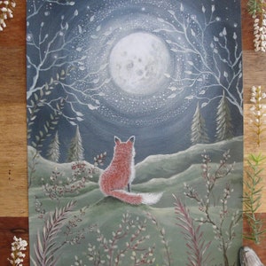 Fox under the Moon art print, Woodland print, Woodland animals, Baby nursery art print, Child's room wall art, forest print, fox art print image 5