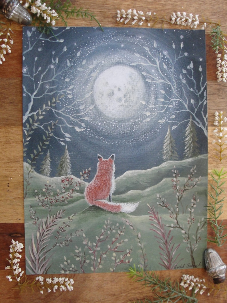 Fox under the Moon art print, Woodland print, Woodland animals, Baby nursery art print, Child's room wall art, forest print, fox art print image 5