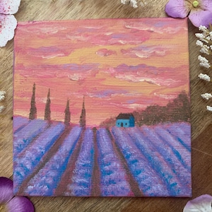 Lavender Field mini painting and display stand, gift, original acrylic painting, flower painting