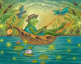 Frog's Gone Fishing downloadable digital art print, frog art print, fishing print for kid's room, frog print for baby nursery