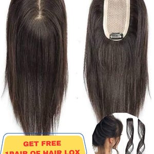 20&quot; Natural Black Silk Base Human Hair Topper for Women – Free Part Scalp Hairpiece, Thin Remy Hair, Natural-Looking Hair Replacement