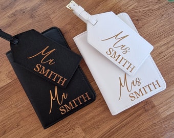 Mr & Mrs Personalised Passport Holder Set, Personalised Passport Cover, Personalised Luggage Tag, Travel Set, Wedding Gift, His and Hers