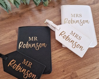 Mr & Mrs Personalised Passport Holder Set, Personalised Passport Cover, Personalised Luggage Tag, Travel Set, Wedding Gift, His and Hers