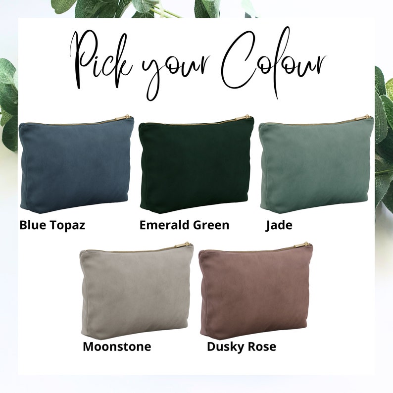 Pu&ograve; includere: Cinque pochette con cerniera in diversi colori: topazio blu, verde smeraldo, giada, pietra lunare e rosa spento. Scegli il tuo colore.