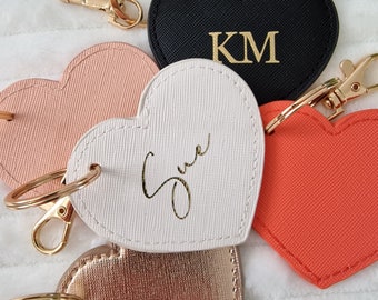 Personalised Heart Keyring, Monogram Heart Key Clip, Faux Leather Bag Charm, Initials Keychain, Gift for Her, Birthday, Bridesmaid Gift