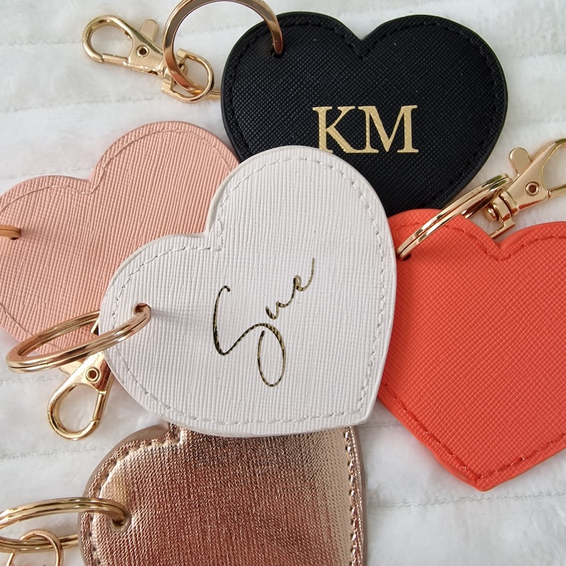 Personalised Heart Keyring, Monogram Heart Key Clip, Faux Leather Bag Charm, Initials Keychain, Gift for Her, Birthday, Bridesmaid Gift image 1